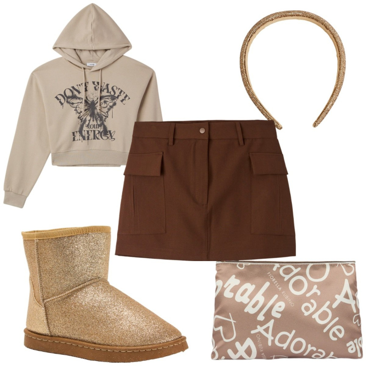 Outfit donna - Total look #2048784. Stile Sporty chic per Tutti i giorni. Abbinamento con cerchietti, felpe con cappuccio, gonne, stivali, pochette.