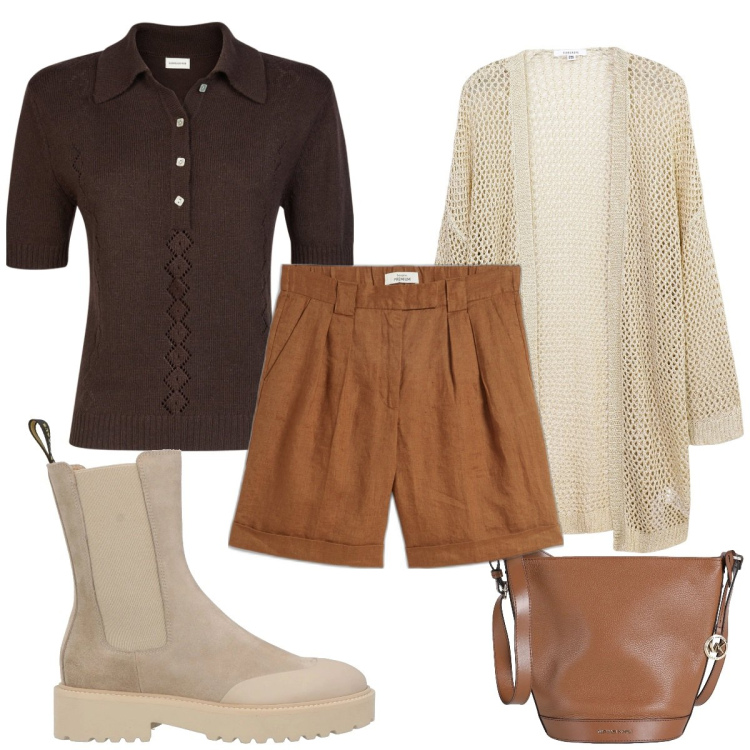 Outfit donna - Total look #2048786. Stile Trendy per Tutti i giorni. Abbinamento con bermuda, borse a spalla, stivaletti chelsea, kimono, polo.