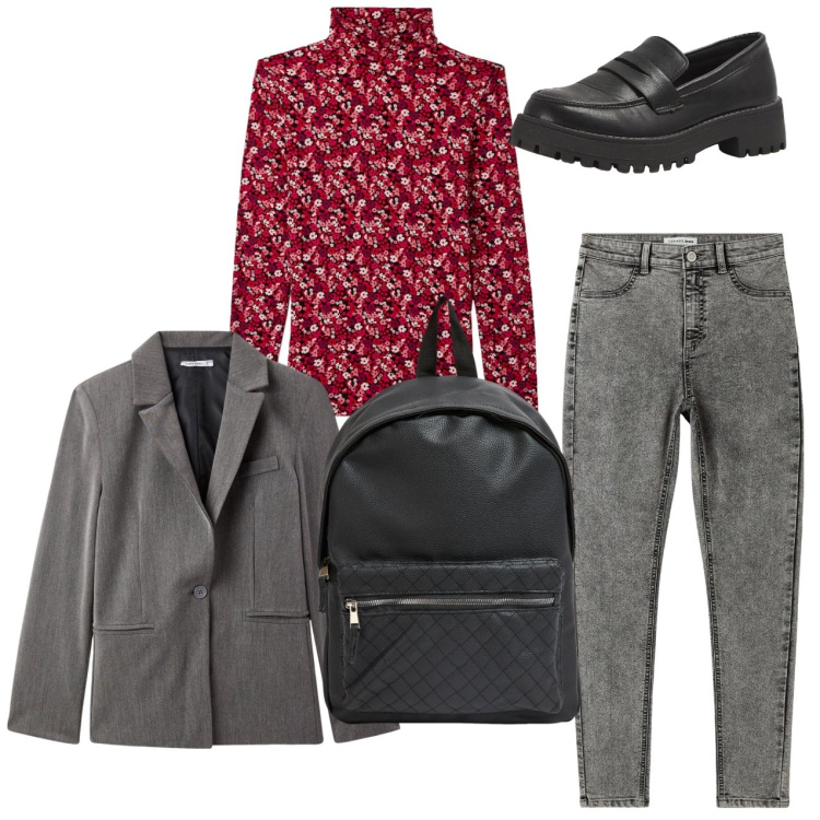 Outfit donna - Università. Stile Casual per Tutti i giorni. Abbinamento con blazer, t-shirt, mocassini, zaini, jeggings.