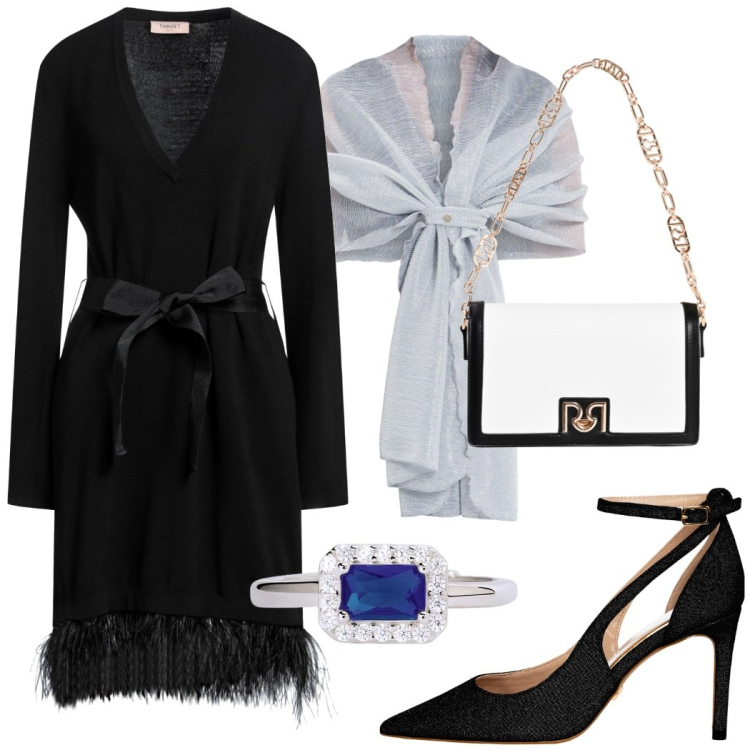 Outfit donna - L\'abito in maglia con le piume. Stile Chic per Serata fuori. Abbinamento con vestiti corti, anelli, stole, décolleté, borse a tracolla.