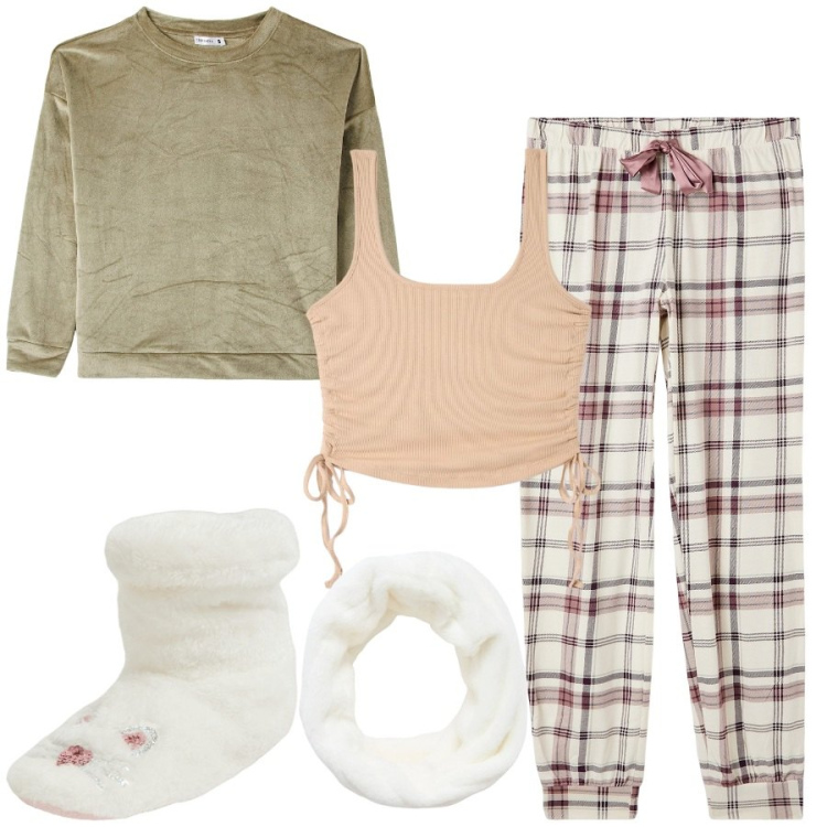 Outfit donna - Bonjour. Stile Basic per Tutti i giorni. Abbinamento con canottiere, pigiama, fasce per capelli, pigiama, pantofole.