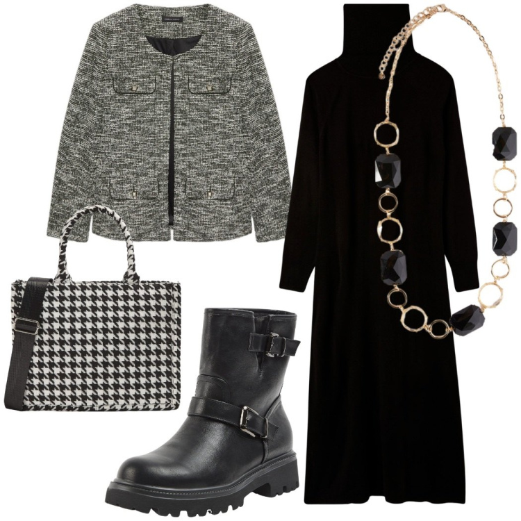 Outfit donna - Femminile e grintoso. Stile Urban per Tutti i giorni. Abbinamento con stivaletti, vestiti lunghi, shopping bag, blazer, collane.