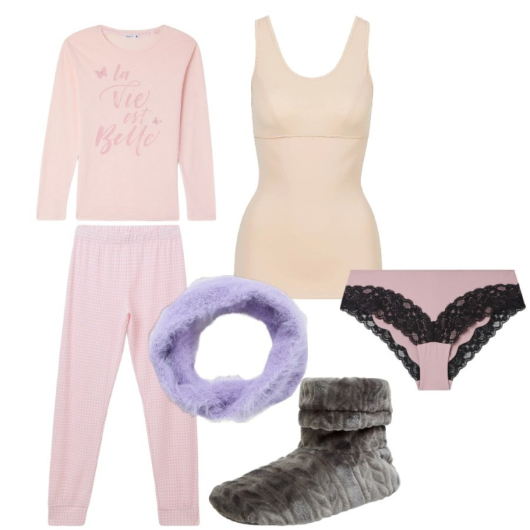 Outfit donna - Buongiorno. Stile Basic per Tutti i giorni. Abbinamento con top, pantofole, fasce per capelli, culotte, pigiama.