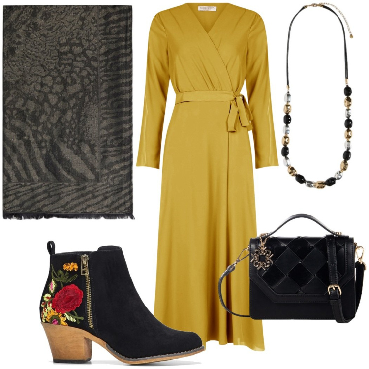 Outfit donna - L\'abito senape con gli stivali ricamati. Stile Etnico per Serata fuori. Abbinamento con stivaletti, vestiti chemisier, borse a tracolla, collane, sciarpe.