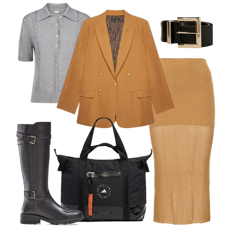 Outfit donna - Stile urbano. Stile Urban per Tutti i giorni. Abbinamento con stivali, polo, gonne longuette, blazer, shopping bag, cinture.