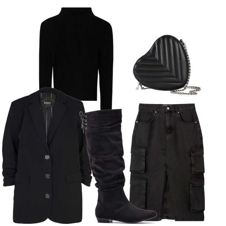 Outfit donna - Cuore nero. Stile Urban per Tutti i giorni. Abbinamento con stivali, borse a tracolla, blazer, gonne longuette, maglieria.