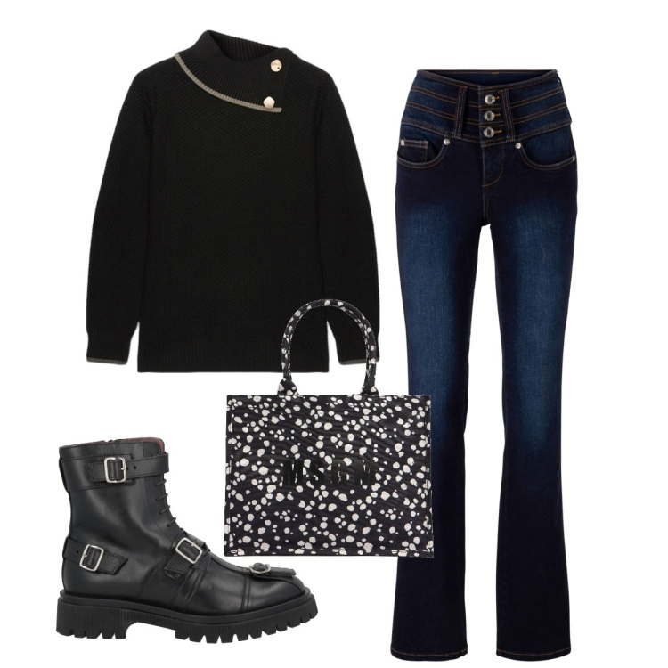 Outfit donna - Black. Stile Urban per Tutti i giorni. Abbinamento con jeans bootcut, stivaletti, maglieria, shopping bag.
