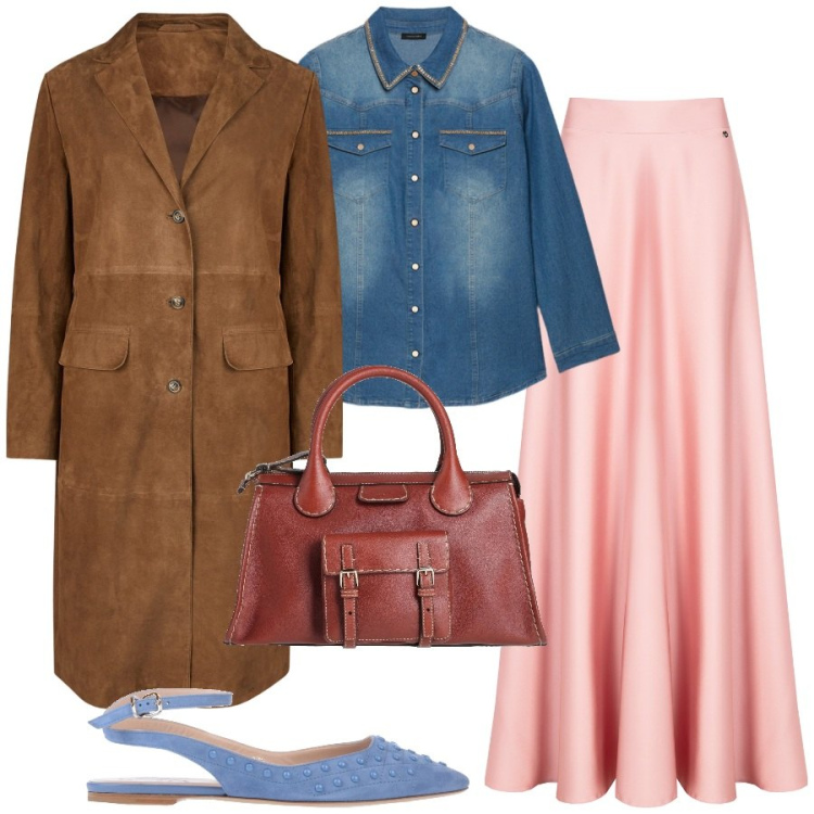 Outfit donna - Suggestioni di primavera curvy. Stile Chic per Tutti i giorni. Abbinamento con ballerine, borse a mano, gonne, camicie, cappotti.