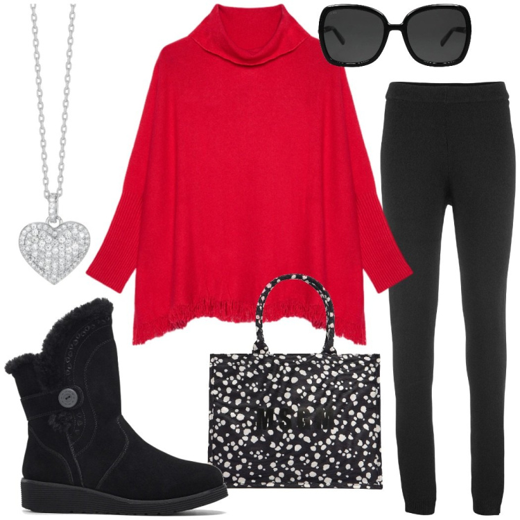 Outfit donna - Appuntamento in centro dopo l\'ufficio. Stile Casual chic per Tutti i giorni. Abbinamento con leggings, stivali, occhiali da sole, collane, maglieria, shopping bag.