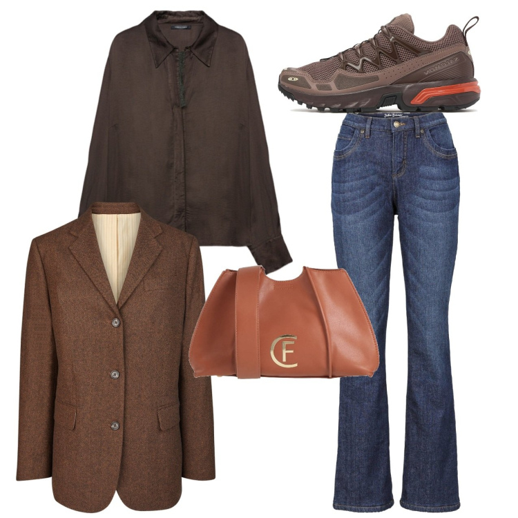 Outfit donna - In jeans. Stile Bon Ton per Tutti i giorni. Abbinamento con jeans bootcut, borse a tracolla, sneakers, camicie, blazer.