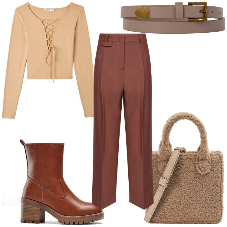 Outfit donna - Total look #2048857. Stile Trendy per Tutti i giorni. Abbinamento con stivaletti, t-shirt, shopping bag, cinture, pantaloni.