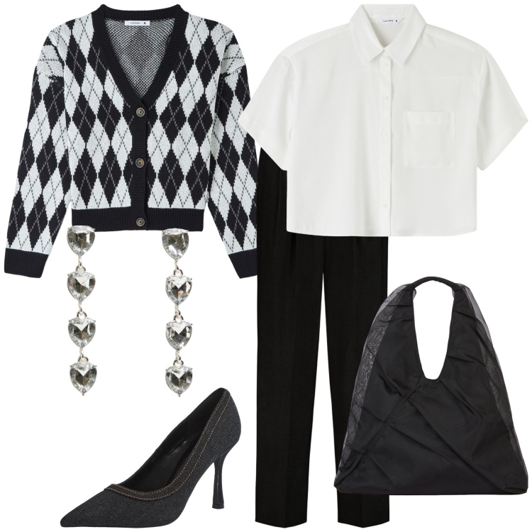 Outfit donna - Ufficio in golf. Stile Bon Ton per Ufficio. Abbinamento con orecchini, cardigans, décolleté, camicie a manica corta, shopping bag, pantaloni.