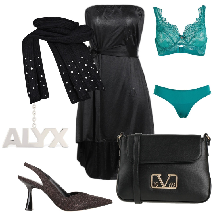 Outfit donna - Un tocco di colore emerge. Stile Glamour per Serata fuori. Abbinamento con décolleté, vestiti corti, reggiseni, borse a tracolla, sciarpe, orecchini.