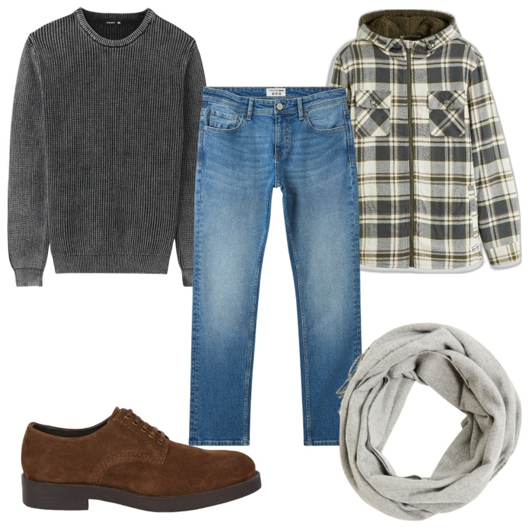 Outfit uomo - Total look #2048874. Stile Casual per Tutti i giorni. Abbinamento con cappotti, jeans, sciarpe, maglieria, scarpe stringate.