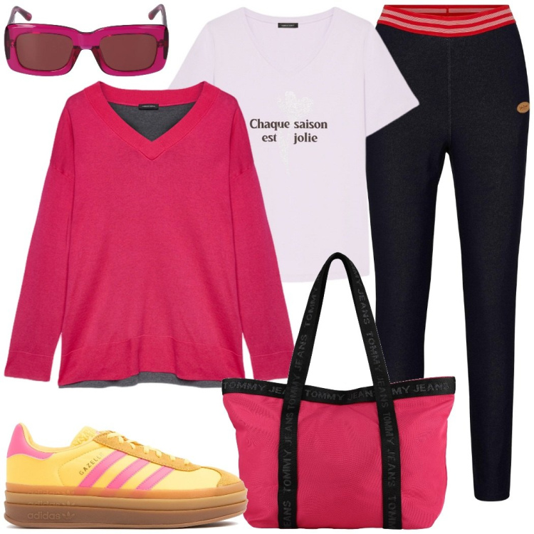 Outfit donna - In palestra dopo il lavoro. Stile Sporty chic per Tutti i giorni. Abbinamento con jeggings, borse a mano, t-shirt, maglieria, sneakers, occhiali da sole.