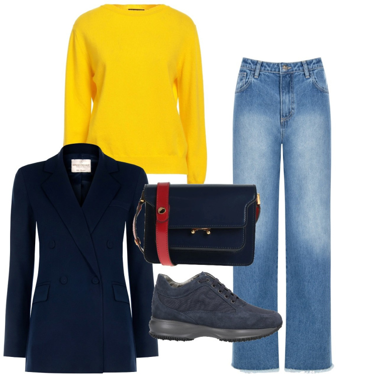 Outfit donna - City. Stile Basic per Tutti i giorni. Abbinamento con pullovers, borse a tracolla, sneakers, jeans dritti, blazer.