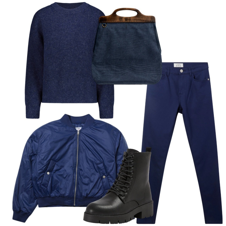Outfit donna - Blu. Stile Casual per Tutti i giorni. Abbinamento con bomber, pantaloni, anfibi, maglieria, borse a tracolla.