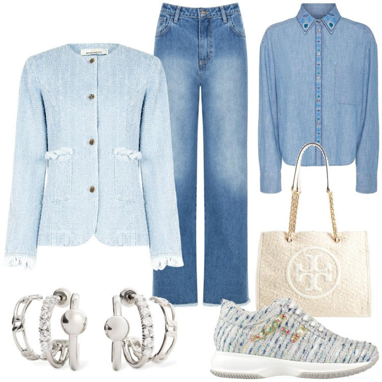 Outfit donna - Aspettando primavera. Stile Bon Ton per Ufficio. Abbinamento con borse a spalla, sneakers, blazer, jeans dritti, orecchini, camicie.