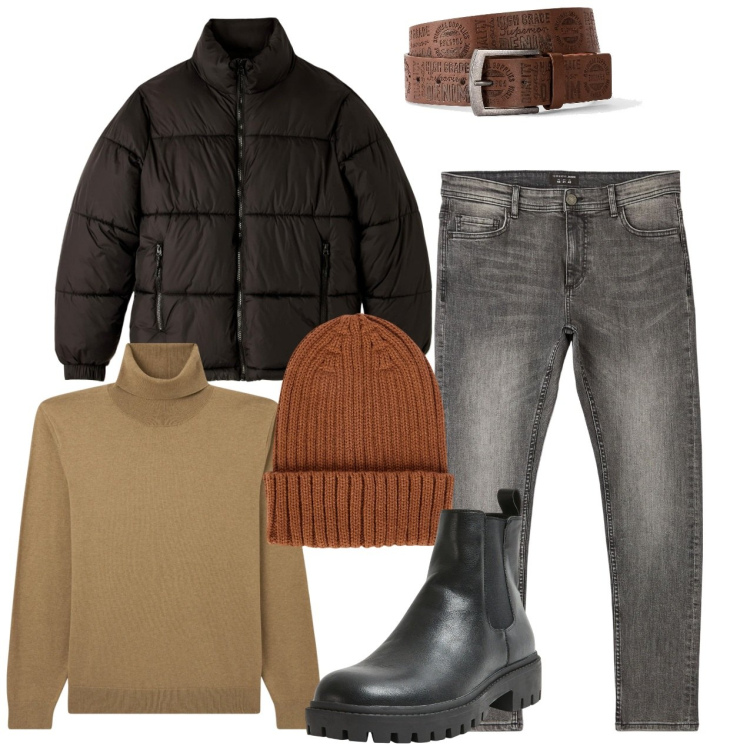 Outfit uomo - City. Stile Casual per Tutti i giorni. Abbinamento con cinture, jeans skinny, stivali e stivaletti, piumini, maglieria, berretti.
