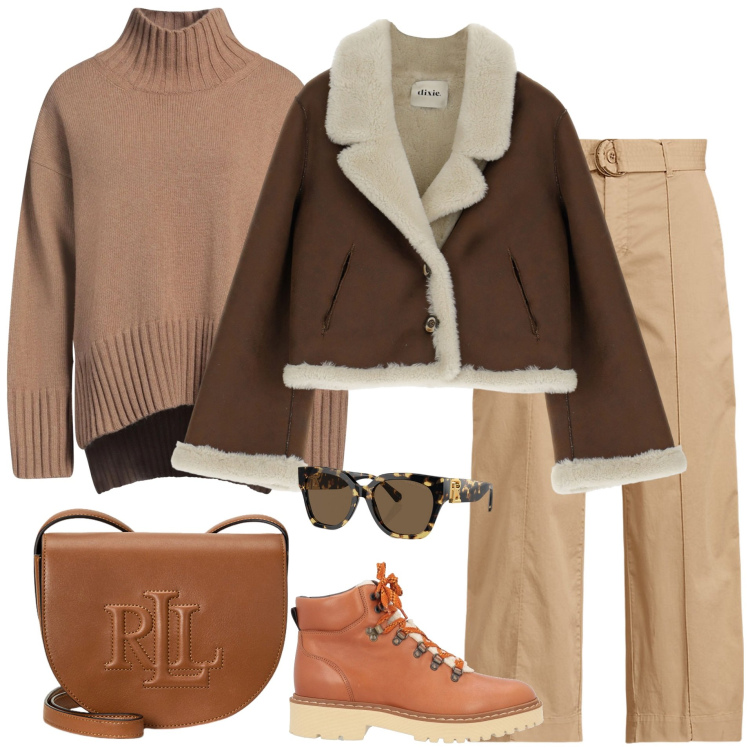 Outfit donna - Cappuccino con le amiche. Stile Casual chic per Tutti i giorni. Abbinamento con maglieria, stivaletti, blazer, borse a tracolla, pantaloni, occhiali da sole.