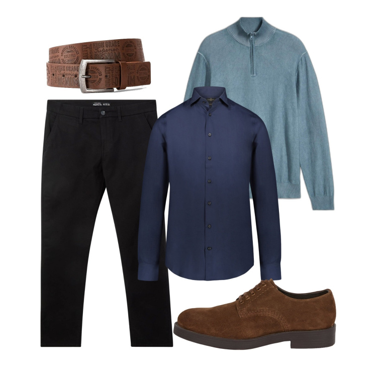 Outfit uomo - Total look. Stile Casual per Tutti i giorni. Abbinamento con cinture, maglieria, pantaloni chino, camicie, scarpe stringate.