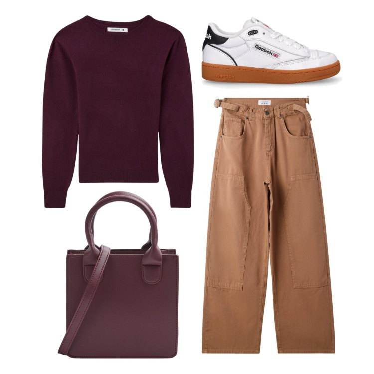 Outfit donna - Vinaccia e biscotto. Stile Casual per Tutti i giorni. Abbinamento con pantaloni, maglieria, shopping bag, sneakers.
