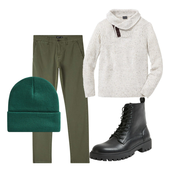Outfit uomo - Total look. Stile Casual per Tutti i giorni. Abbinamento con maglieria, pantaloni chino, anfibi, berretti.