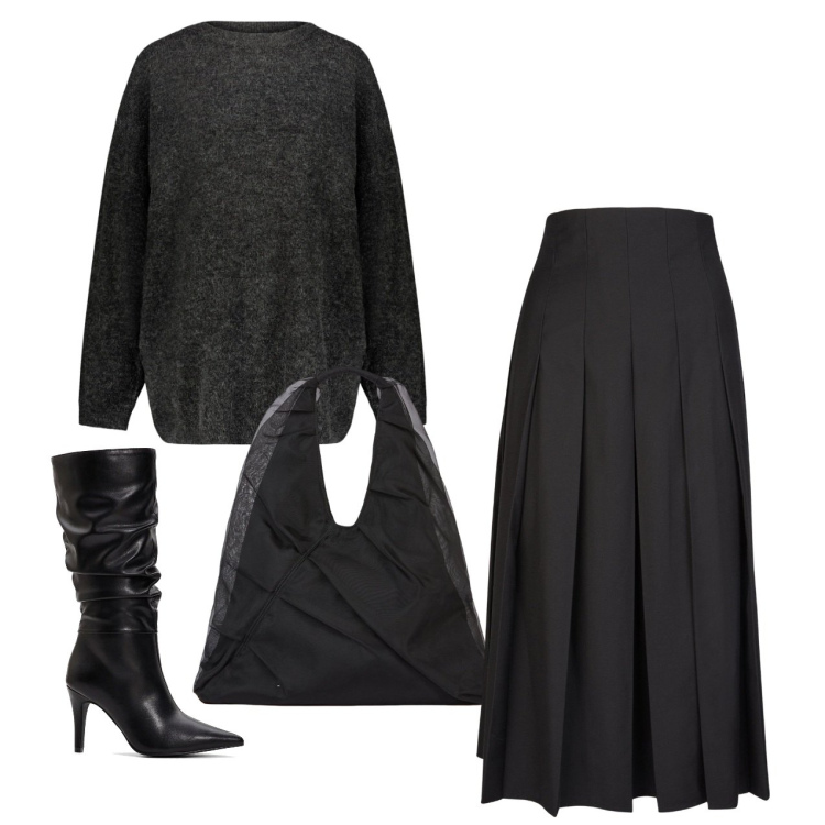 Outfit donna - Over in nero. Stile Urban per Serata fuori. Abbinamento con stivali, shopping bag, gonne longuette, maglieria.