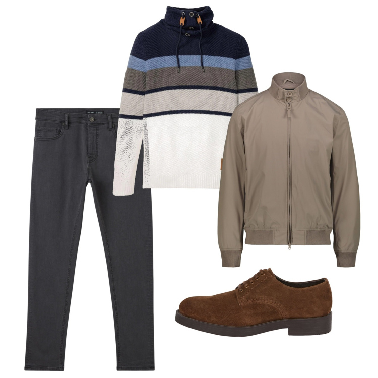 Outfit uomo - Total look. Stile Casual per Tutti i giorni. Abbinamento con maglieria, pantaloni skinny, scarpe stringate, giacche.