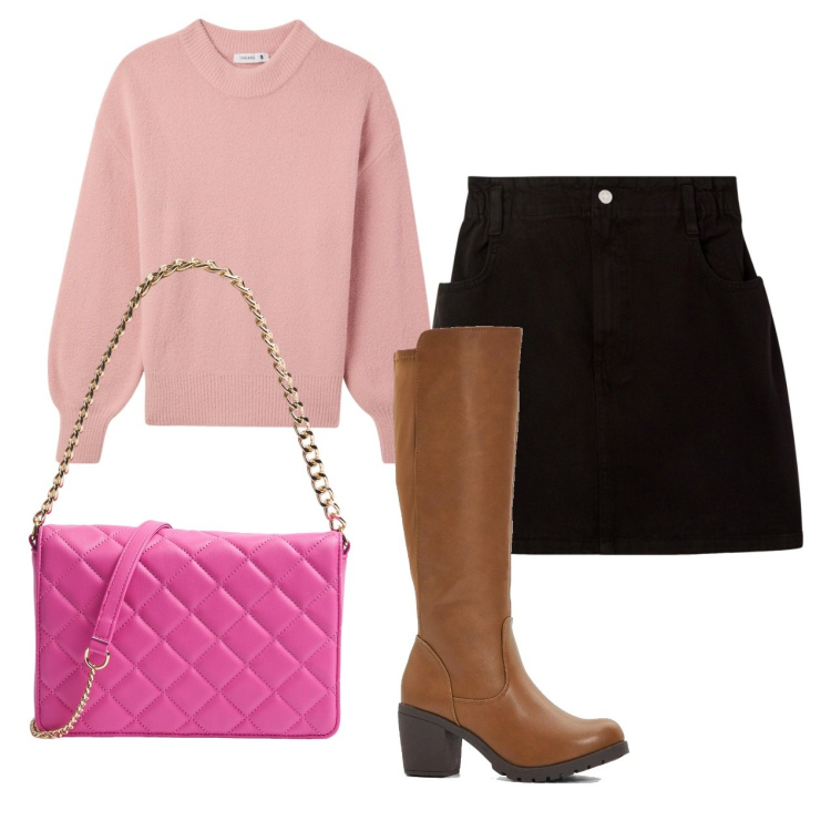 Outfit donna - Pomeriggio con le amiche. Stile Bon Ton per Tutti i giorni. Abbinamento con stivali, minigonne, maglieria, borse a tracolla.