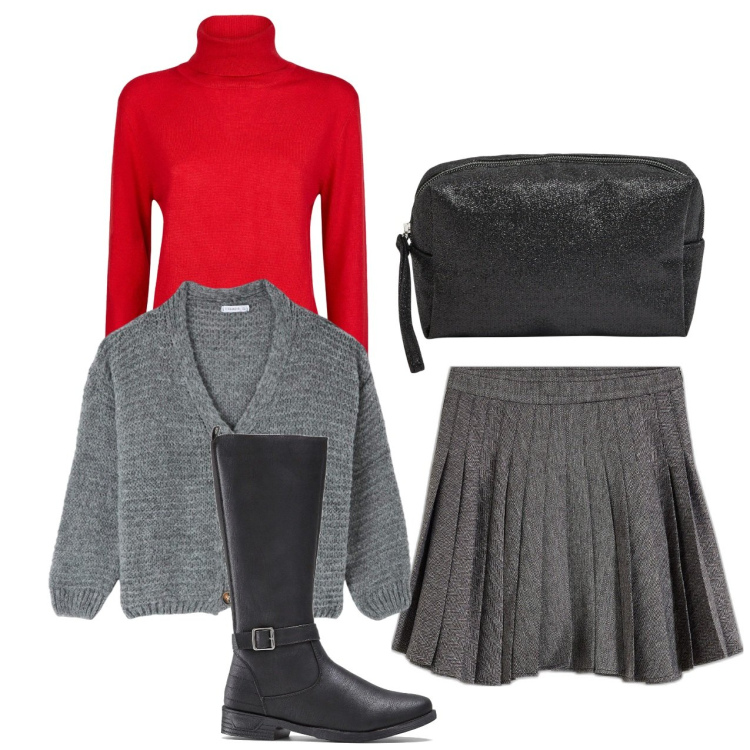 Outfit donna - Dolcevita rosso. Stile Preppy per Tutti i giorni. Abbinamento con minigonne, stivali, cardigans, valigie, maglieria.