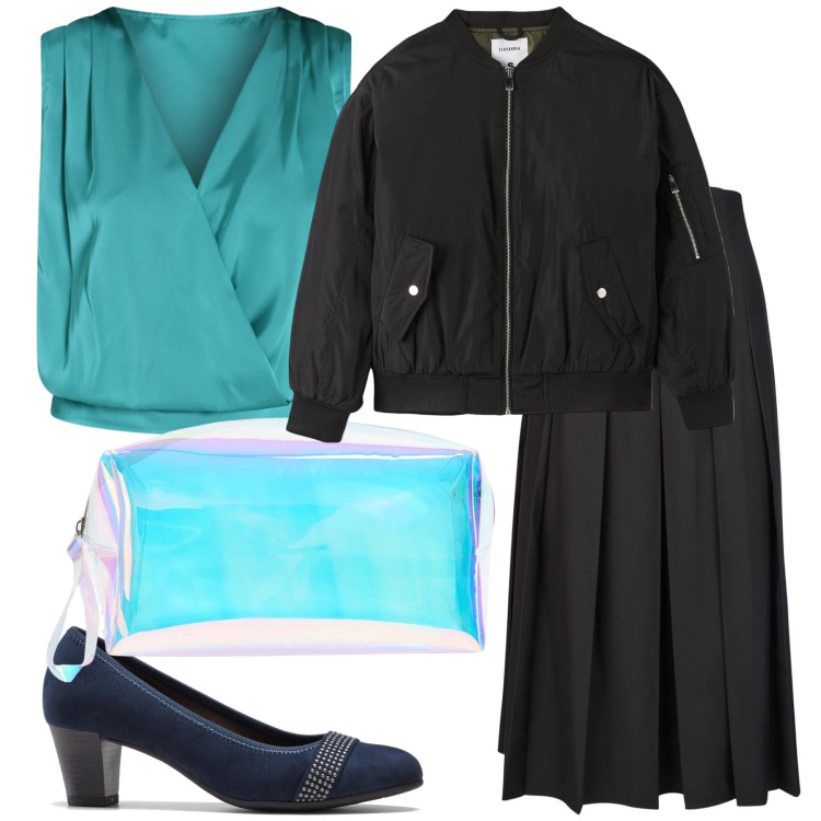 Outfit donna - A pranzo di lavoro. Stile Urban per Ufficio. Abbinamento con décolleté, bomber, valigie, top, gonne longuette.
