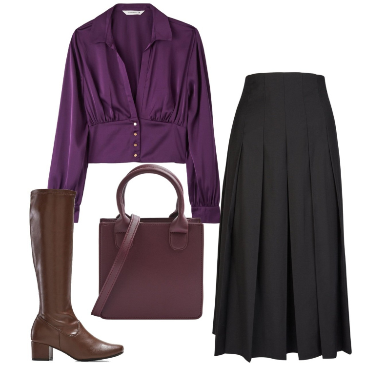 Outfit donna - Viola cardinale. Stile Bon Ton per Serata fuori. Abbinamento con stivali, bluse, shopping bag, gonne longuette.