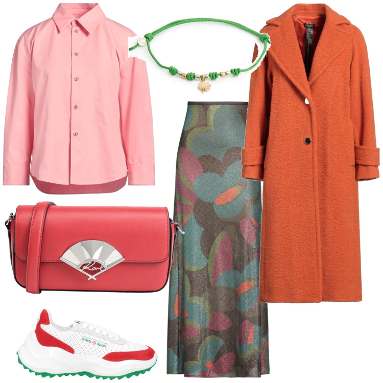 Outfit donna - La gonna lunga e le sneakers. Stile Trendy per Tutti i giorni. Abbinamento con cappotti, gonne lunghe, borse a tracolla, camicie, sneakers, braccialetti.