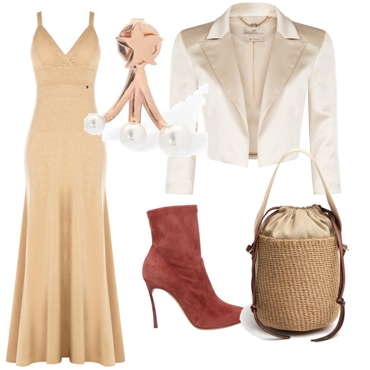 Outfit donna - Serata mix. Stile Trendy per Serata fuori. Abbinamento con stivaletti, bolero, vestiti lunghi, borse a mano, orecchini.