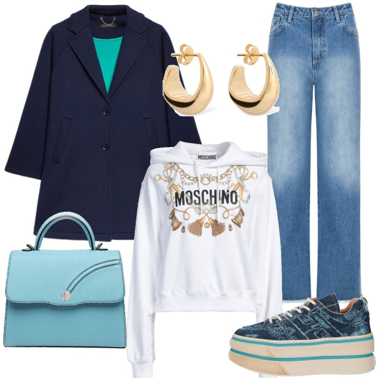 Outfit donna - Happy hour. Stile Casual chic per Serata fuori. Abbinamento con sneakers, felpe con cappuccio, jeans dritti, orecchini, cappotti, borse a mano.