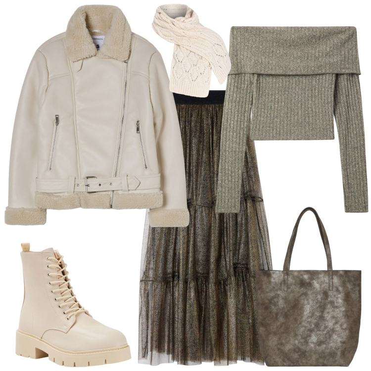 Outfit donna - Total look #2048956. Stile Romantica per Tutti i giorni. Abbinamento con shopping bag, gonne, maglieria, blazer, anfibi, sciarpe.