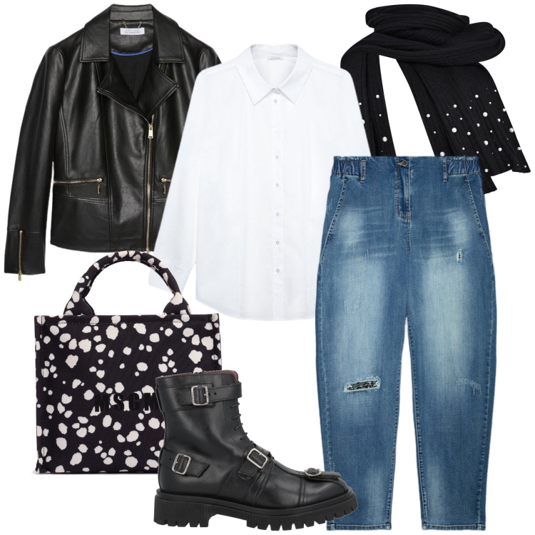 Outfit donna - Trendy in primavera. Stile Rock per Tutti i giorni. Abbinamento con stivaletti, sciarpe, jeans dritti, blazer, shopping bag, camicie.