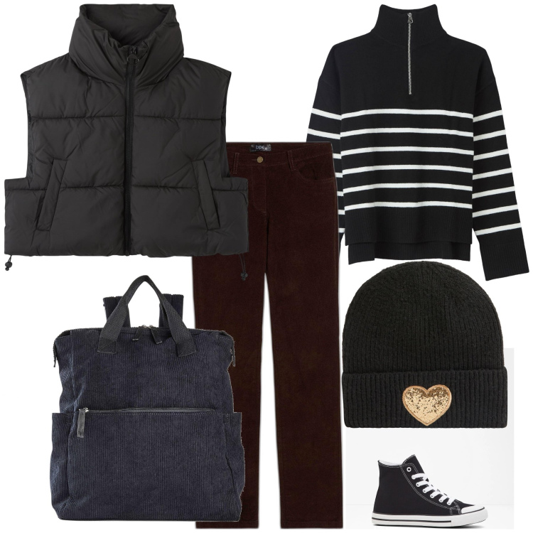 Outfit donna - Un amore di berrettino. Stile Casual chic per Tutti i giorni. Abbinamento con sneakers alte, zaini, pantaloni, maglieria, berretti, piumini.