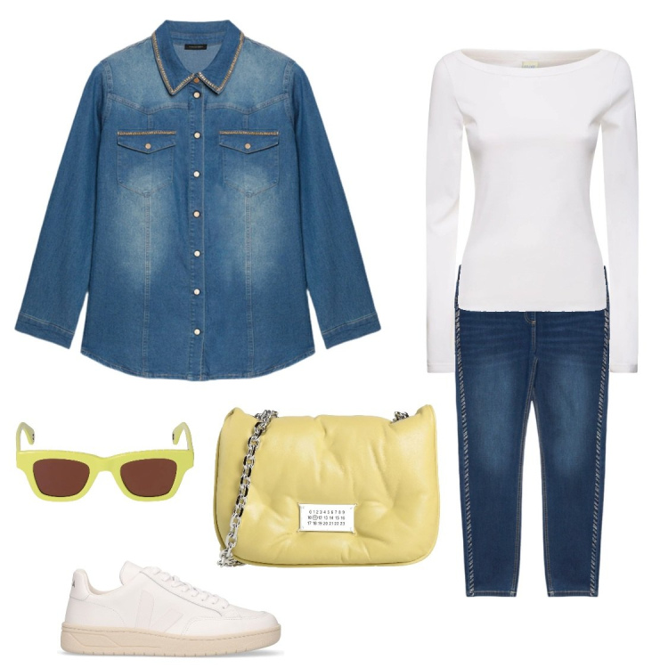 Outfit donna - Porto il sole in mano. Stile Casual per Tutti i giorni. Abbinamento con borse a tracolla, camicie, sneakers, occhiali da sole, jeggings, t-shirt.