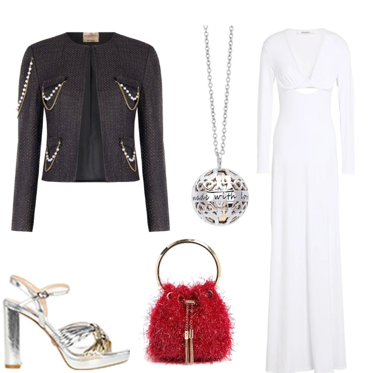 Outfit donna - Borsa muppets. Stile Chic per Serata fuori. Abbinamento con vestiti lunghi, collane, sandali in pelle, blazer, borse a spalla.