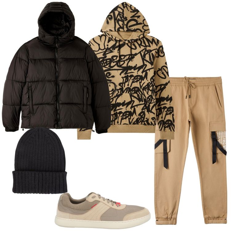 Outfit uomo - Total look #2048989. Stile Casual per Tutti i giorni. Abbinamento con sneakers, felpe con cappuccio, piumini, pantaloni cargo, berretti.
