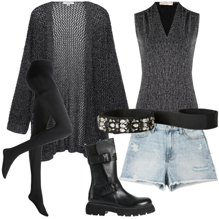 Outfit donna - Serata fuori. Stile Rock per Serata fuori. Abbinamento con collant, stivaletti, shorts, kimono, top, cinture.