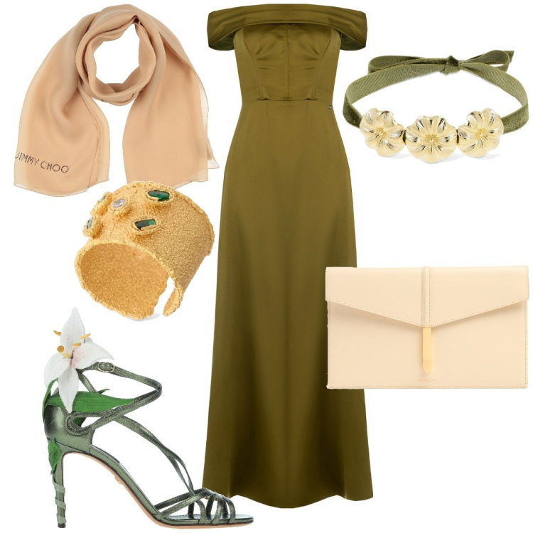 Outfit donna - Serata glamour. Stile Glamour per Serata fuori. Abbinamento con sciarpe, sandali in pelle, vestiti lunghi, anelli, collane, clutch.