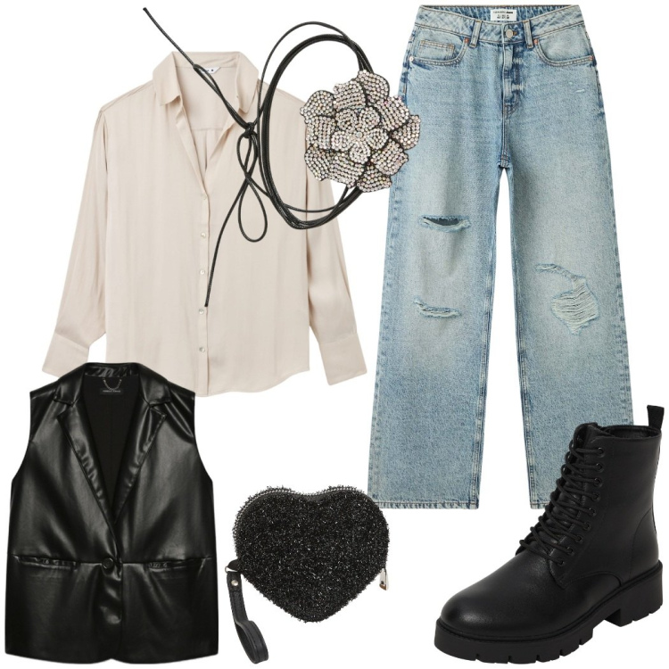 Outfit donna - Urban style. Stile Urban per Serata fuori. Abbinamento con collane, portafogli, camicie, jeans strappati, anfibi, gilet.