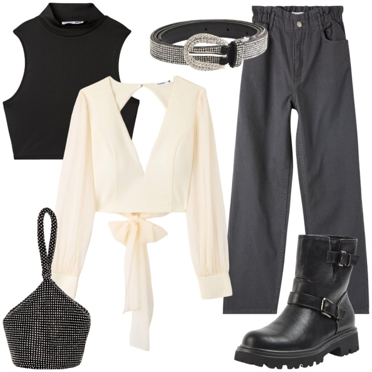 Outfit donna - Sabato sera. Stile Rock per Serata fuori. Abbinamento con stivaletti, bluse, pantaloni, cinture, top, pochette.