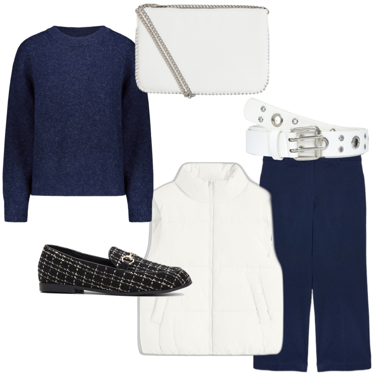 Outfit donna - Bianco e blu. Stile Casual per Tutti i giorni. Abbinamento con piumini, mocassini, cinture, borse a tracolla, maglieria, pantaloni.
