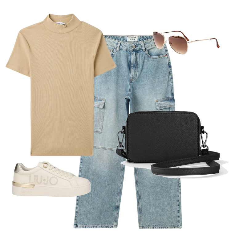 Outfit donna - Jeans e t-shirt. Stile Casual per Tutti i giorni. Abbinamento con borse a tracolla, occhiali da sole, sneakers, jeans, t-shirt.