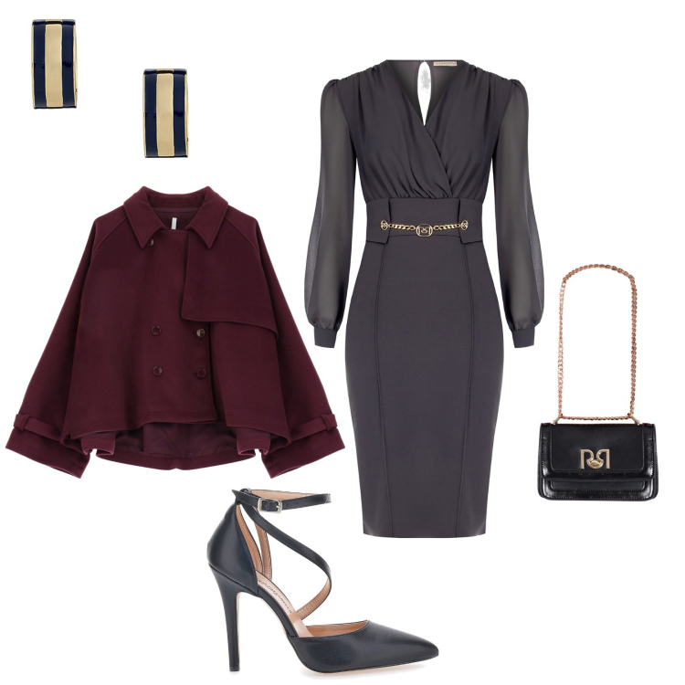 Outfit donna - Serata d\'inverno. Stile Bon Ton per Serata fuori. Abbinamento con vestiti a tubino, borse a tracolla, caban, orecchini, décolleté.