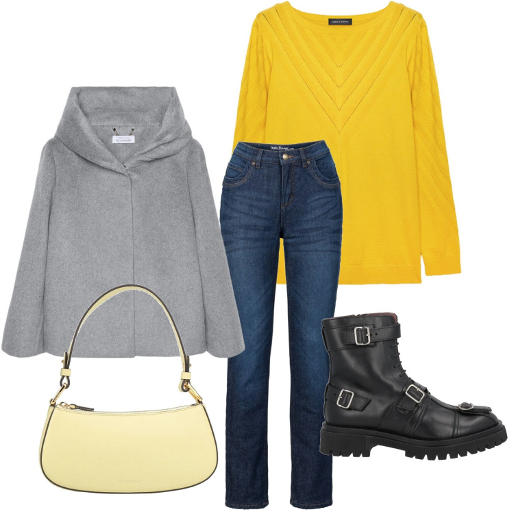 Outfit donna - Stile invernale. Stile Casual chic per Scuola/Università. Abbinamento con jeans dritti, borse a mano, stivaletti, maglieria, cappe.